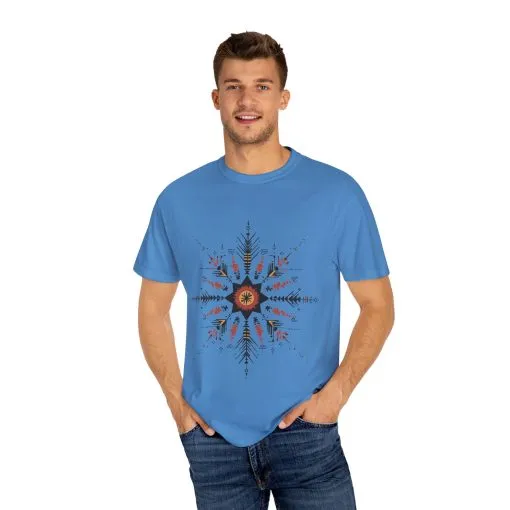 Boho chic nature t-shirt with geometric tribal design, artistic mandala print tee, unisex garment-dyed earthy tone t-shirt, bohemian festival fashion t-shirt.