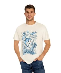 Deep-sea exploration t-shirt featuring dolphins and octopus