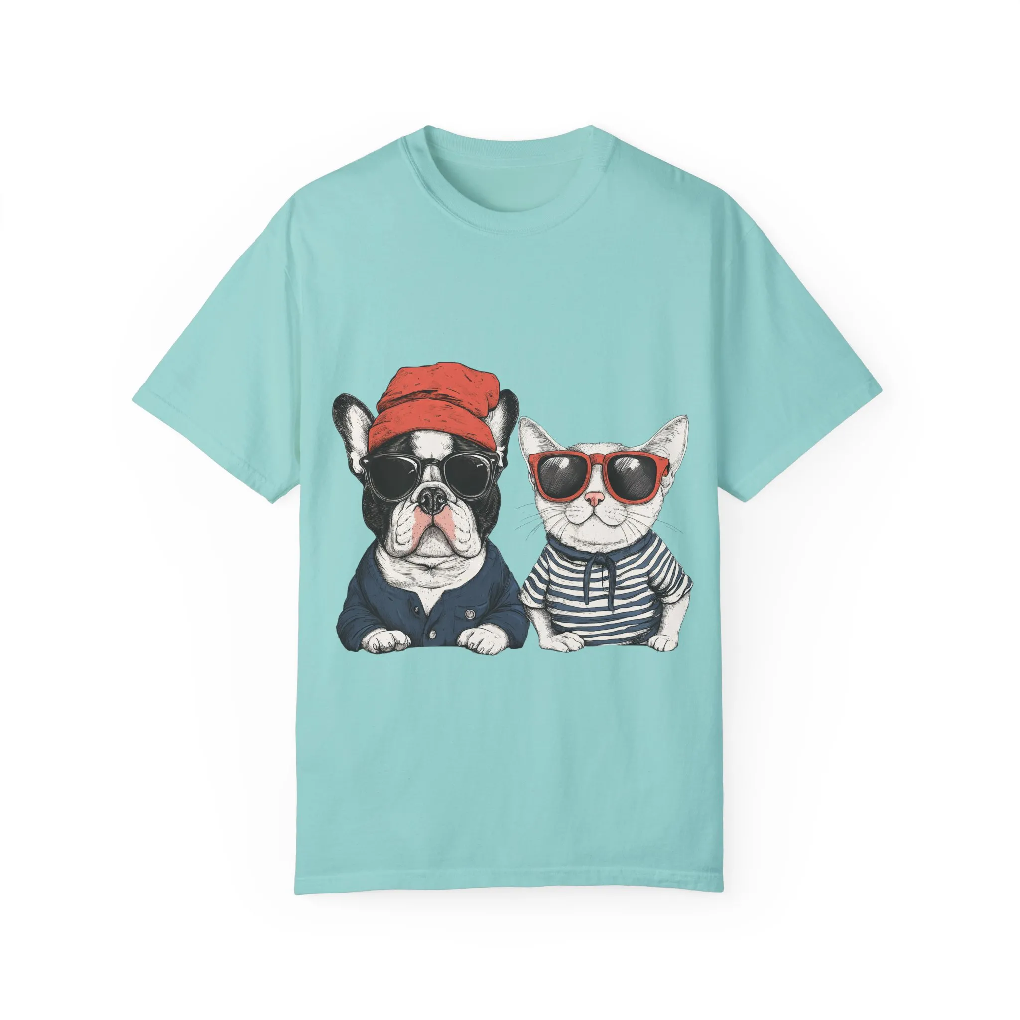 Trendy French Bulldog & Cat T-Shirt, Unisex Vintage Graphic Tee with Cool Sunglasses Design - Image 13