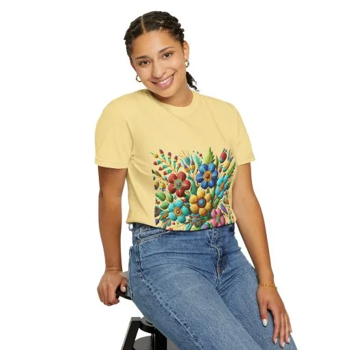 Colorful floral t-shirt with artistic flower print, vibrant unisex garment-dyed tee, bohemian botanical design t-shirt, handmade style floral print tee on light blue fabric.