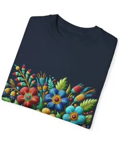 Colorful floral t-shirt with artistic flower print, vibrant unisex garment-dyed tee, bohemian botanical design t-shirt, handmade style floral print tee on light blue fabric.