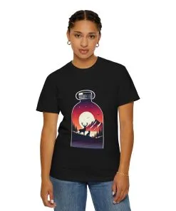 Adventure mountain t-shirt with deer and nature print, eco-friendly outdoor t-shirt, scenic wildlife graphic tee, unisex nature lover’s t-shirt.