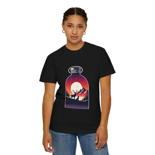 Adventure mountain t-shirt with deer and nature print, eco-friendly outdoor t-shirt, scenic wildlife graphic tee, unisex nature lover’s t-shirt.