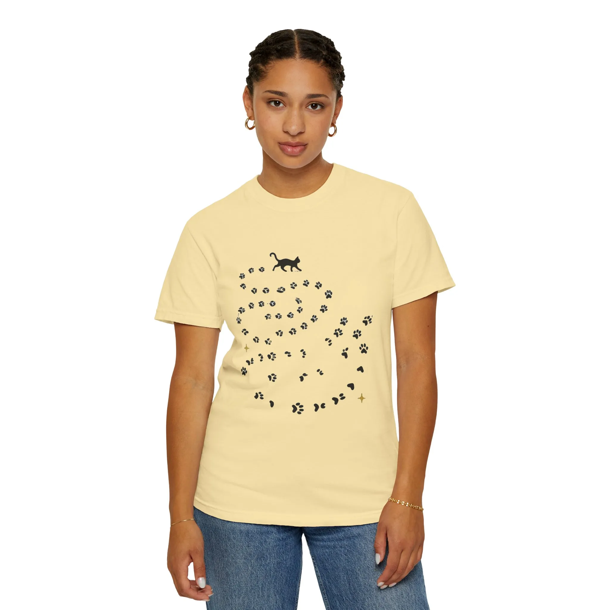 Whimsical Cat and Paw Print T-Shirt for Animal Lovers - Image 12