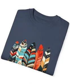 Colorful feather t-shirt with bohemian feather print, artistic tribal feather design tee, unisex boho chic feather graphic t-shirt on white fabric.