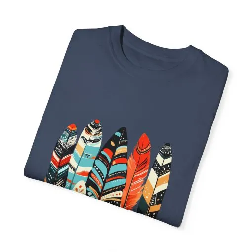Colorful feather t-shirt with bohemian feather print, artistic tribal feather design tee, unisex boho chic feather graphic t-shirt on white fabric.