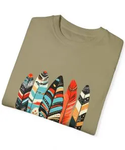 Colorful feather t-shirt with bohemian feather print, artistic tribal feather design tee, unisex boho chic feather graphic t-shirt on white fabric.