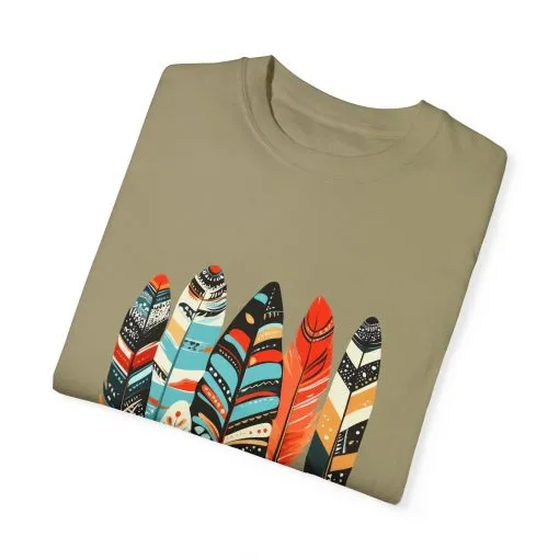 Colorful feather t-shirt with bohemian feather print, artistic tribal feather design tee, unisex boho chic feather graphic t-shirt on white fabric.