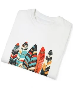 Colorful feather t-shirt with bohemian feather print, artistic tribal feather design tee, unisex boho chic feather graphic t-shirt on white fabric.