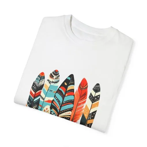 Colorful feather t-shirt with bohemian feather print, artistic tribal feather design tee, unisex boho chic feather graphic t-shirt on white fabric.
