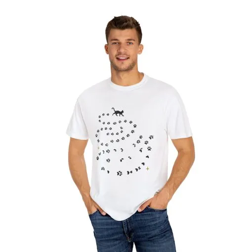 Whimsical Cat and Paw Print T-Shirt for Animal Lovers - Image 3