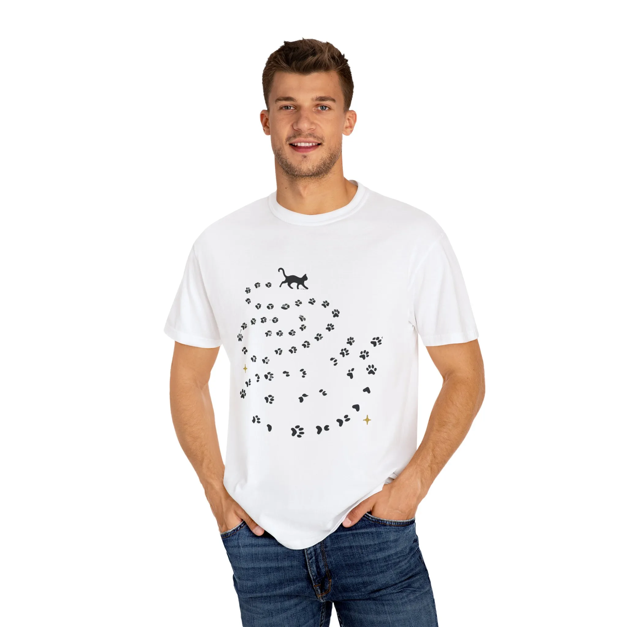 Whimsical Cat and Paw Print T-Shirt for Animal Lovers - Image 3
