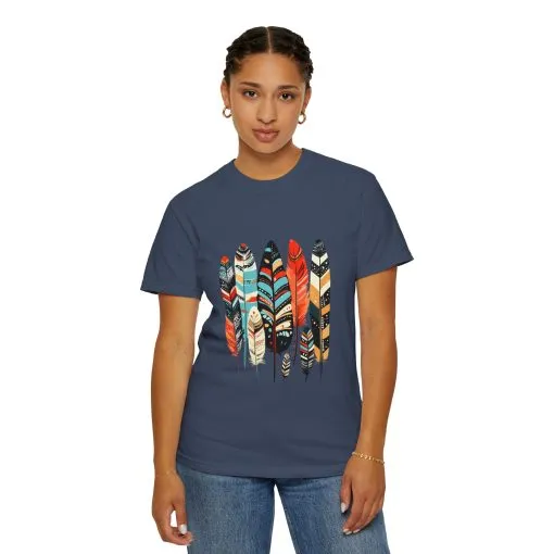 Colorful feather t-shirt with bohemian feather print, artistic tribal feather design tee, unisex boho chic feather graphic t-shirt on white fabric.