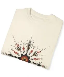 Boho chic nature t-shirt with geometric tribal design, artistic mandala print tee, unisex garment-dyed earthy tone t-shirt, bohemian festival fashion t-shirt.