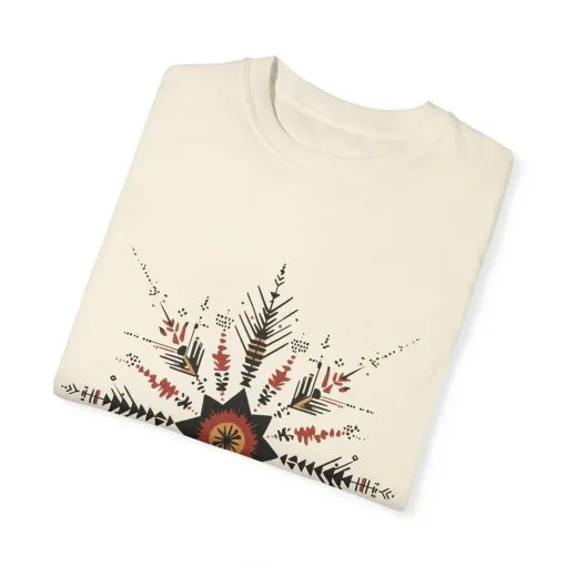 Boho chic nature t-shirt with geometric tribal design, artistic mandala print tee, unisex garment-dyed earthy tone t-shirt, bohemian festival fashion t-shirt.
