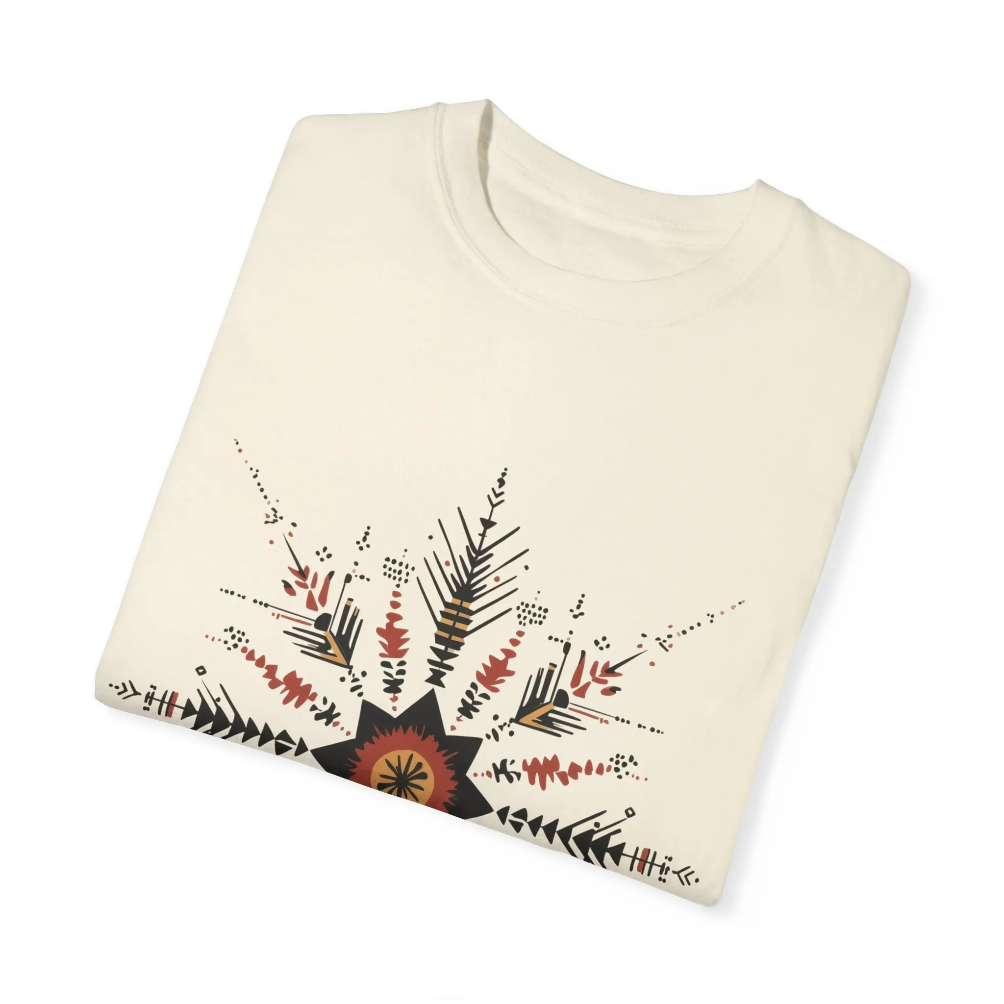 Boho chic nature t-shirt with geometric tribal design, artistic mandala print tee, unisex garment-dyed earthy tone t-shirt, bohemian festival fashion t-shirt.