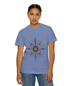 Boho chic nature t-shirt with geometric tribal design, artistic mandala print tee, unisex garment-dyed earthy tone t-shirt, bohemian festival fashion t-shirt.
