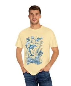 Dolphin lover’s t-shirt featuring oceanic scenery