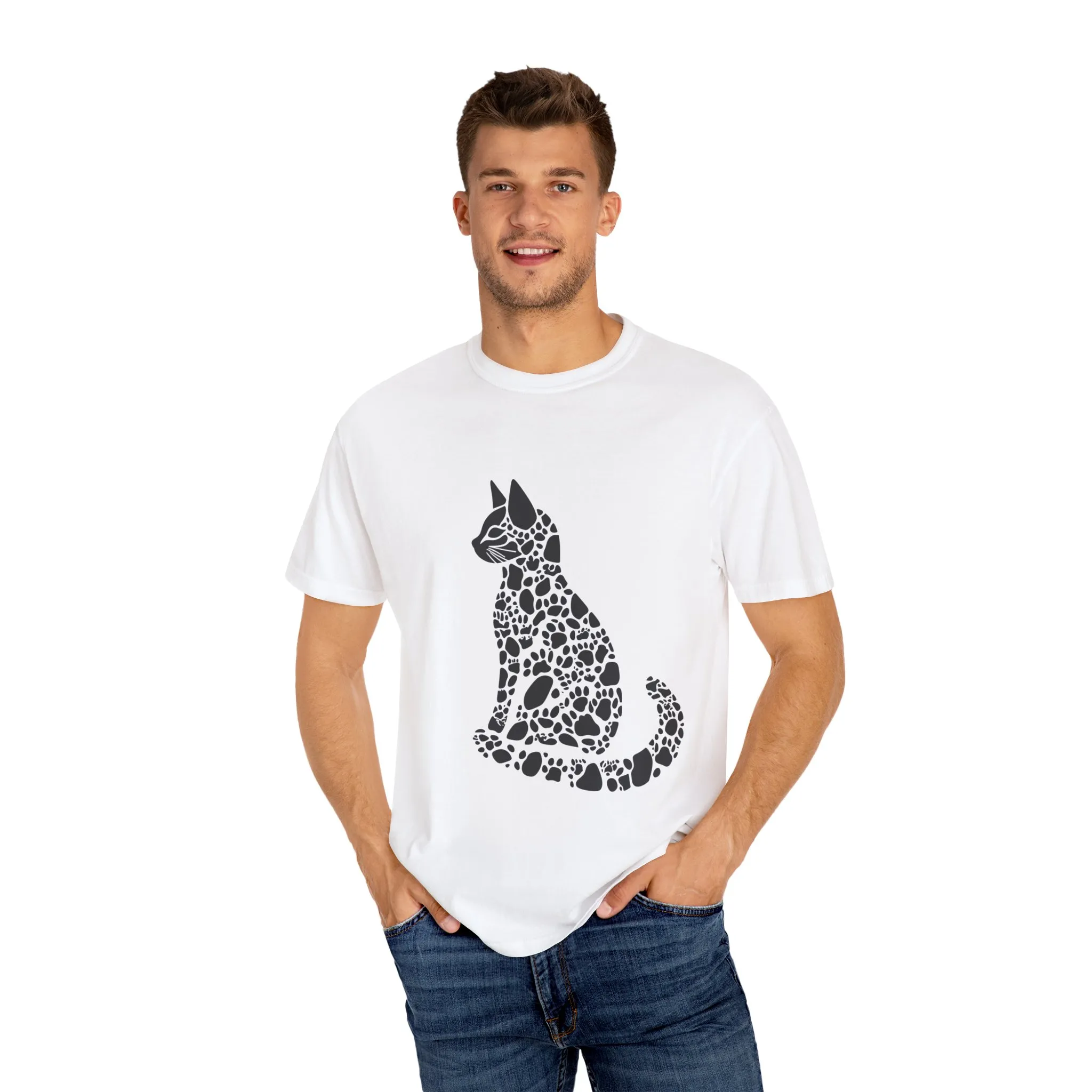 Unisex Cat Lover T-Shirt | Vintage Garment-Dyed Tee with Paw Print Cat Silhouette - Image 3