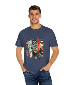 Colorful feather t-shirt with bohemian feather print, artistic tribal feather design tee, unisex boho chic feather graphic t-shirt on white fabric.
