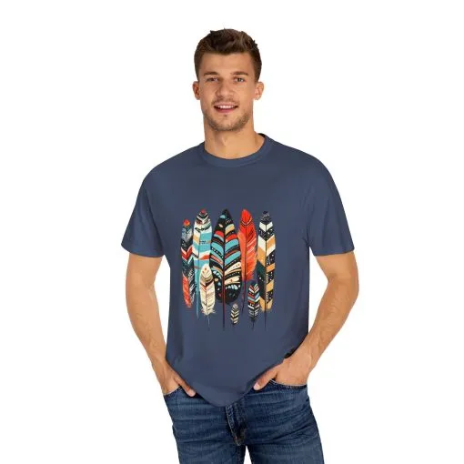 Colorful feather t-shirt with bohemian feather print, artistic tribal feather design tee, unisex boho chic feather graphic t-shirt on white fabric.