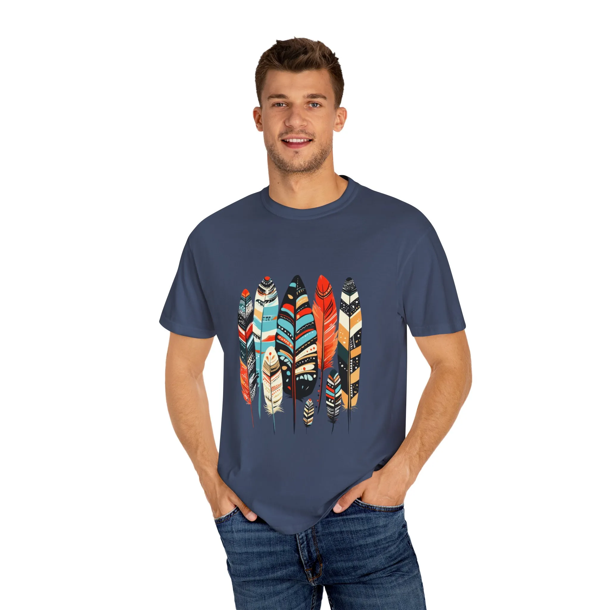 Colorful feather t-shirt with bohemian feather print, artistic tribal feather design tee, unisex boho chic feather graphic t-shirt on white fabric.