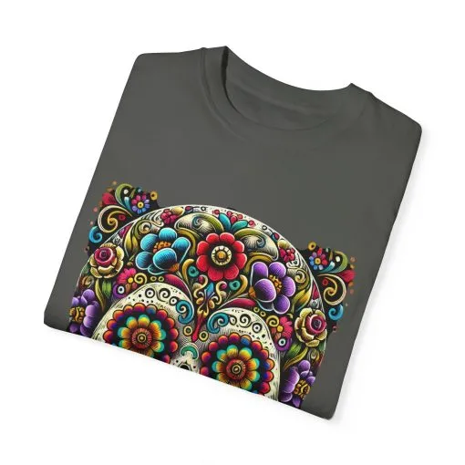 Colorful Floral Skull T-Shirt | Day of the Dead Style | Unisex Garment-Dyed Tee - Image 6