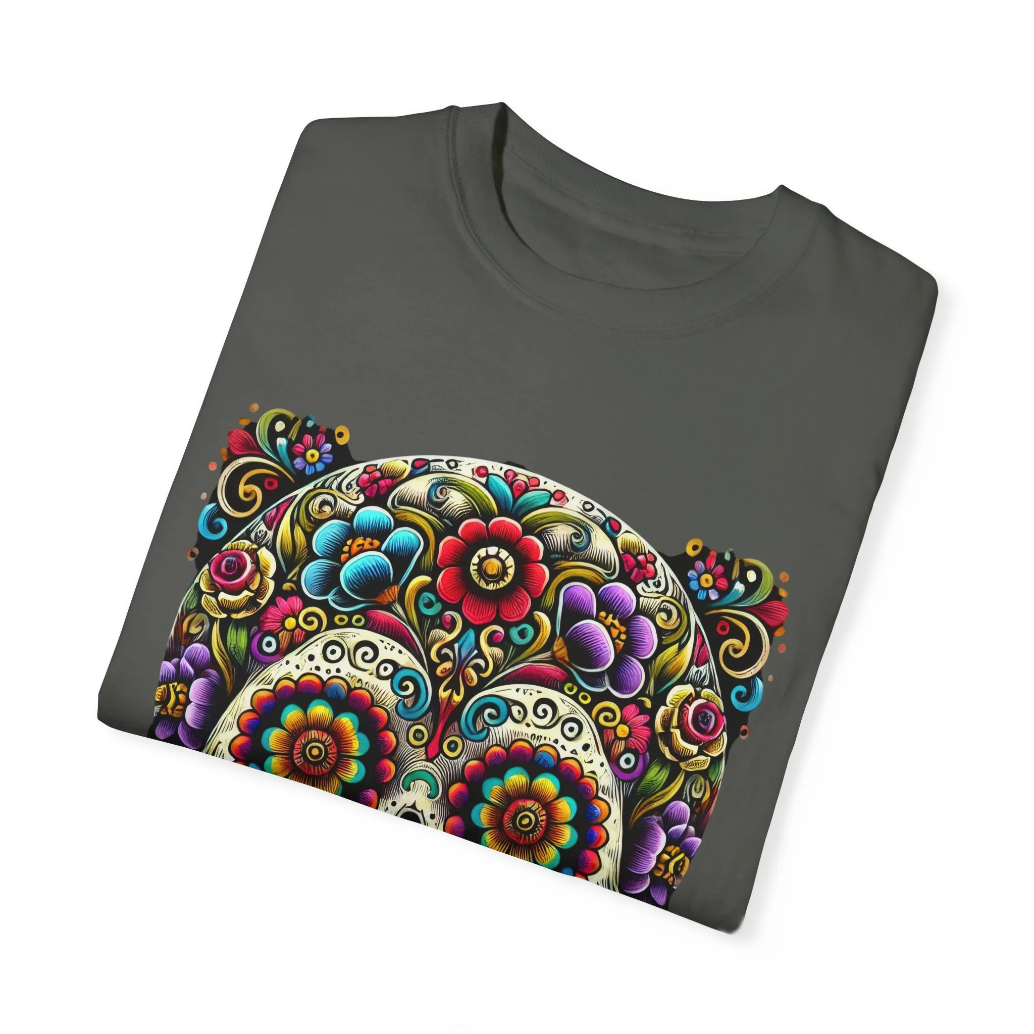 Colorful Floral Skull T-Shirt | Day of the Dead Style | Unisex Garment-Dyed Tee - Image 6
