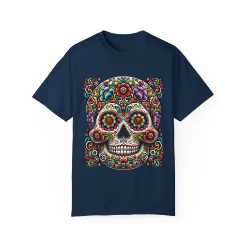 Colorful Floral Skull T-Shirt | Day of the Dead Style | Unisex Garment-Dyed Tee - Image 13