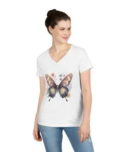 Butterfly Blossom Ladies' V-Neck T-Shirt - Floral Graphic Tee for Nature Lovers