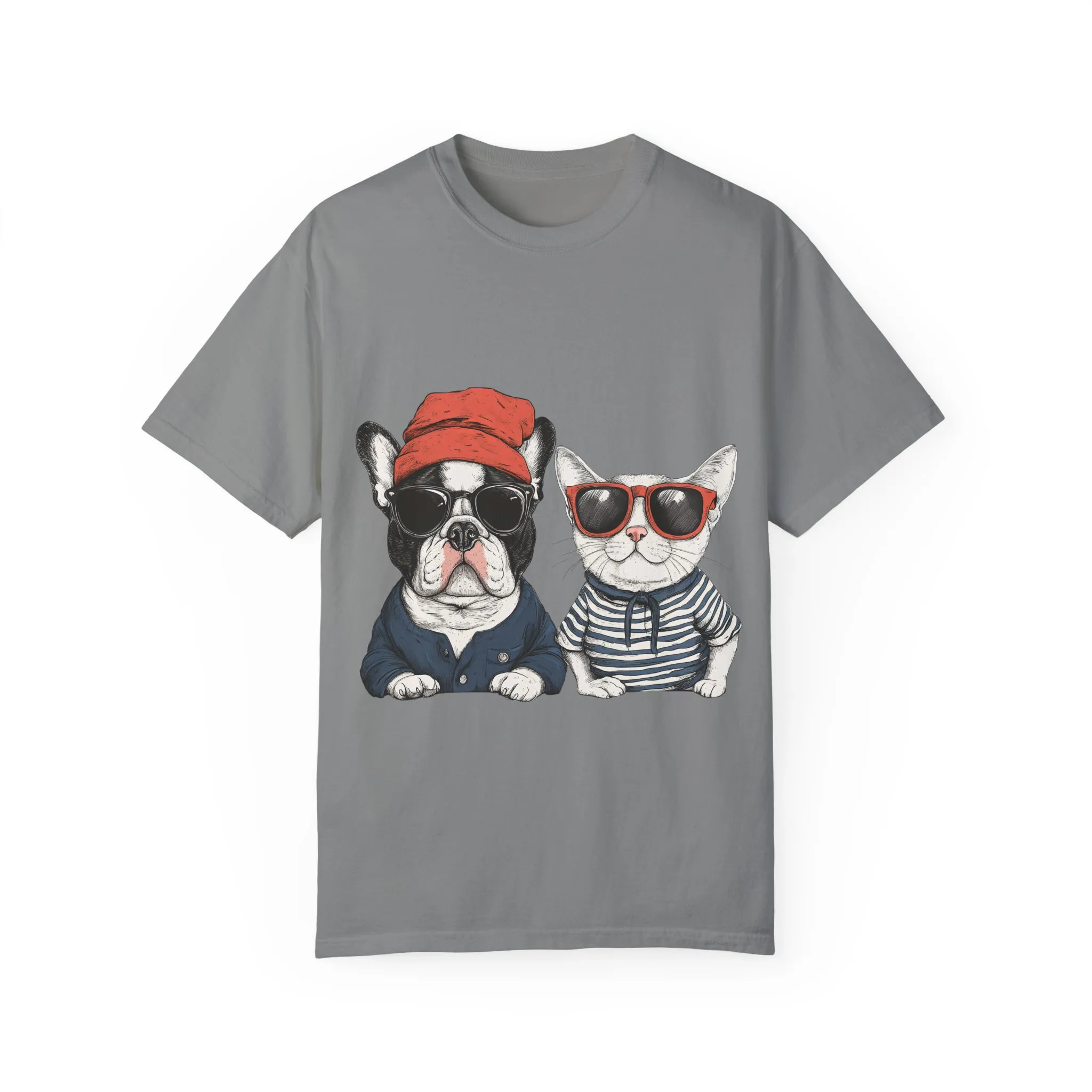 Trendy French Bulldog & Cat T-Shirt, Unisex Vintage Graphic Tee with Cool Sunglasses Design - Image 21