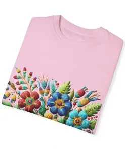 Colorful floral t-shirt with artistic flower print, vibrant unisex garment-dyed tee, bohemian botanical design t-shirt, handmade style floral print tee on light blue fabric.