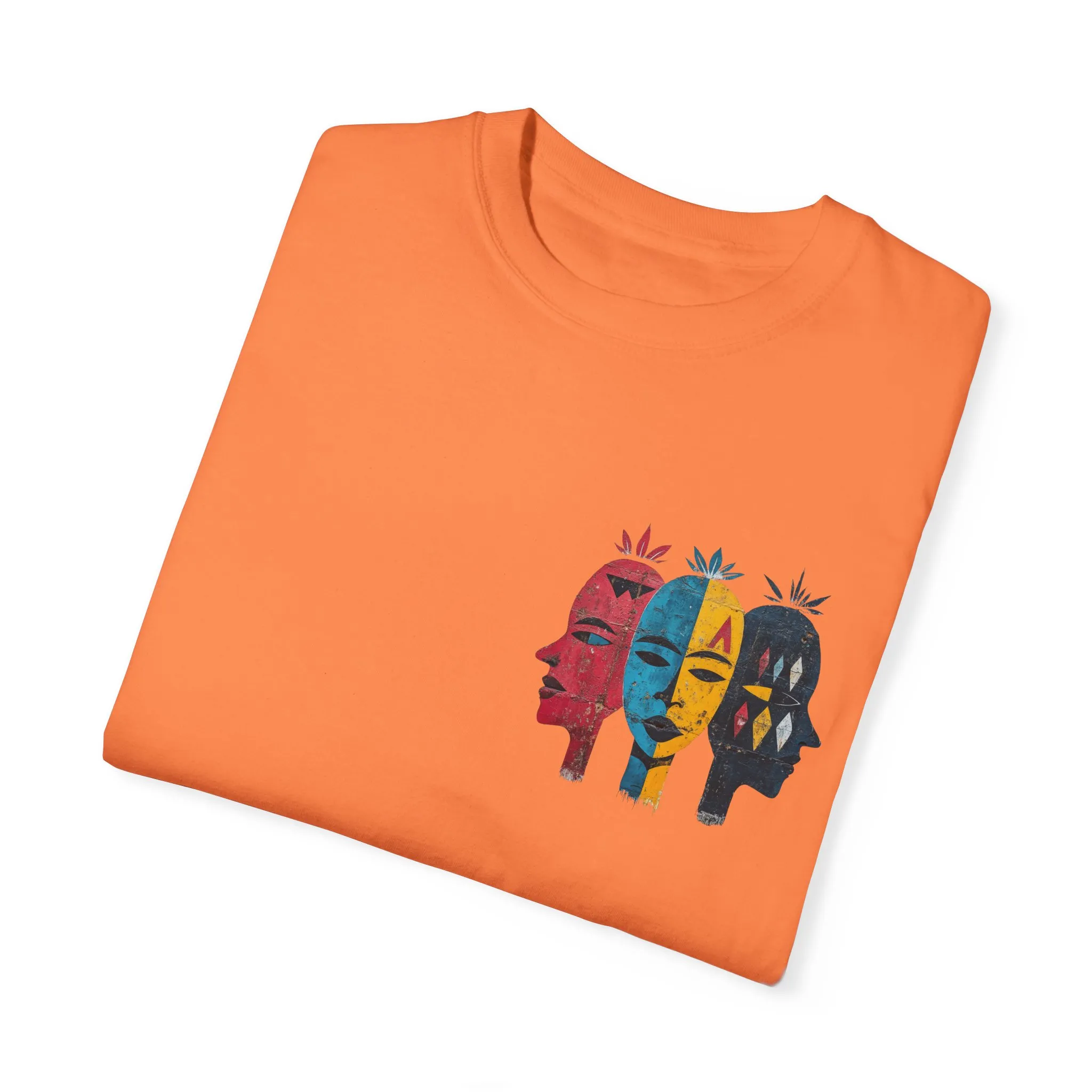 Vibrant Unisex Garment-Dyed T-Shirt with African Masks Design - Image 6