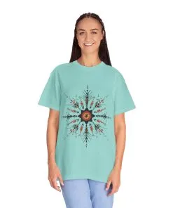Boho chic nature t-shirt with geometric tribal design, artistic mandala print tee, unisex garment-dyed earthy tone t-shirt, bohemian festival fashion t-shirt.