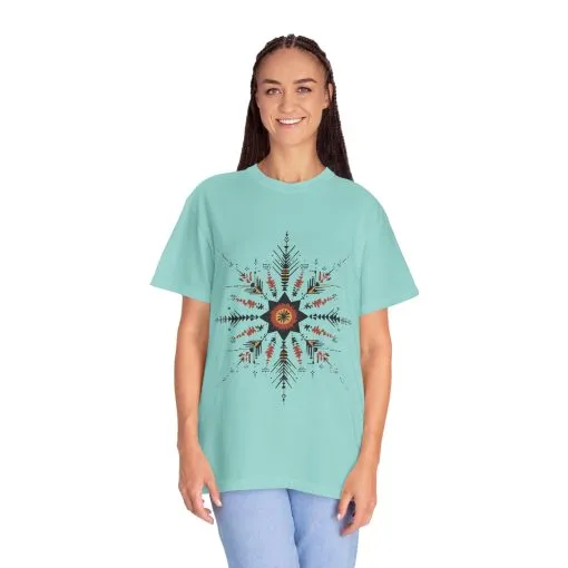 Boho chic nature t-shirt with geometric tribal design, artistic mandala print tee, unisex garment-dyed earthy tone t-shirt, bohemian festival fashion t-shirt.
