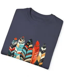 Colorful feather t-shirt with bohemian feather print, artistic tribal feather design tee, unisex boho chic feather graphic t-shirt on white fabric.