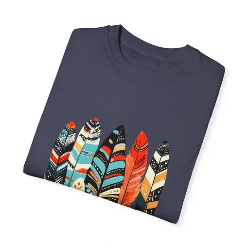 Colorful feather t-shirt with bohemian feather print, artistic tribal feather design tee, unisex boho chic feather graphic t-shirt on white fabric.