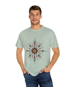 Boho chic nature t-shirt with geometric tribal design, artistic mandala print tee, unisex garment-dyed earthy tone t-shirt, bohemian festival fashion t-shirt.