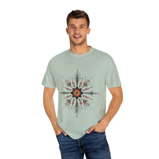 Boho chic nature t-shirt with geometric tribal design, artistic mandala print tee, unisex garment-dyed earthy tone t-shirt, bohemian festival fashion t-shirt.