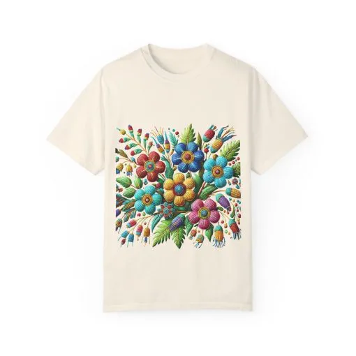 Colorful floral t-shirt with artistic flower print, vibrant unisex garment-dyed tee, bohemian botanical design t-shirt, handmade style floral print tee on light blue fabric.