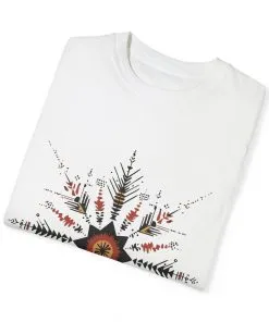 Boho chic nature t-shirt with geometric tribal design, artistic mandala print tee, unisex garment-dyed earthy tone t-shirt, bohemian festival fashion t-shirt.