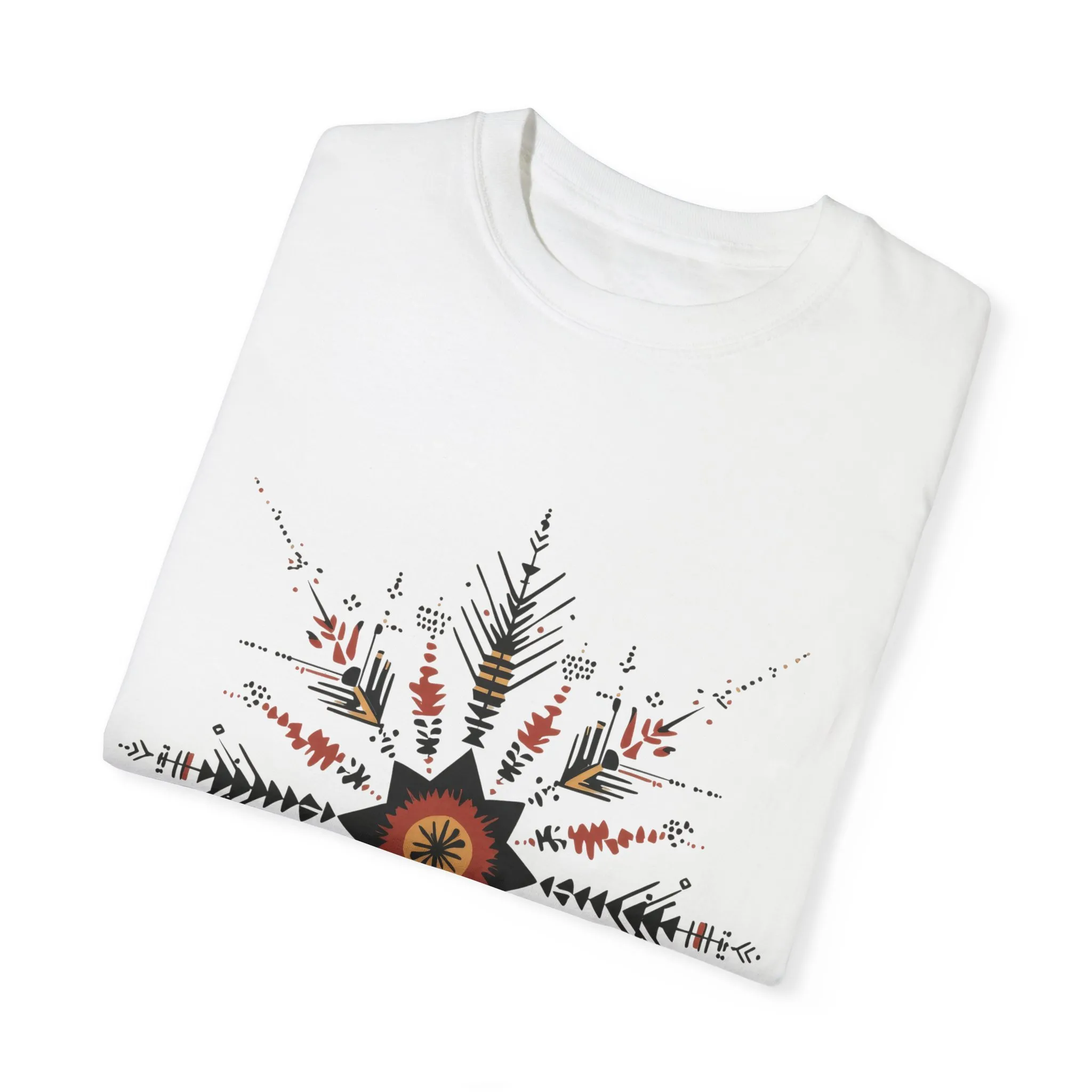 Boho chic nature t-shirt with geometric tribal design, artistic mandala print tee, unisex garment-dyed earthy tone t-shirt, bohemian festival fashion t-shirt.