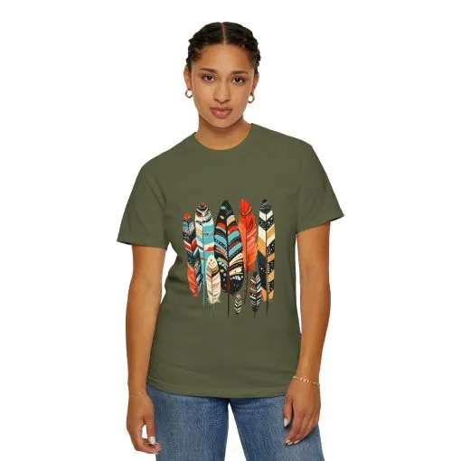 Colorful feather t-shirt with bohemian feather print, artistic tribal feather design tee, unisex boho chic feather graphic t-shirt on white fabric.