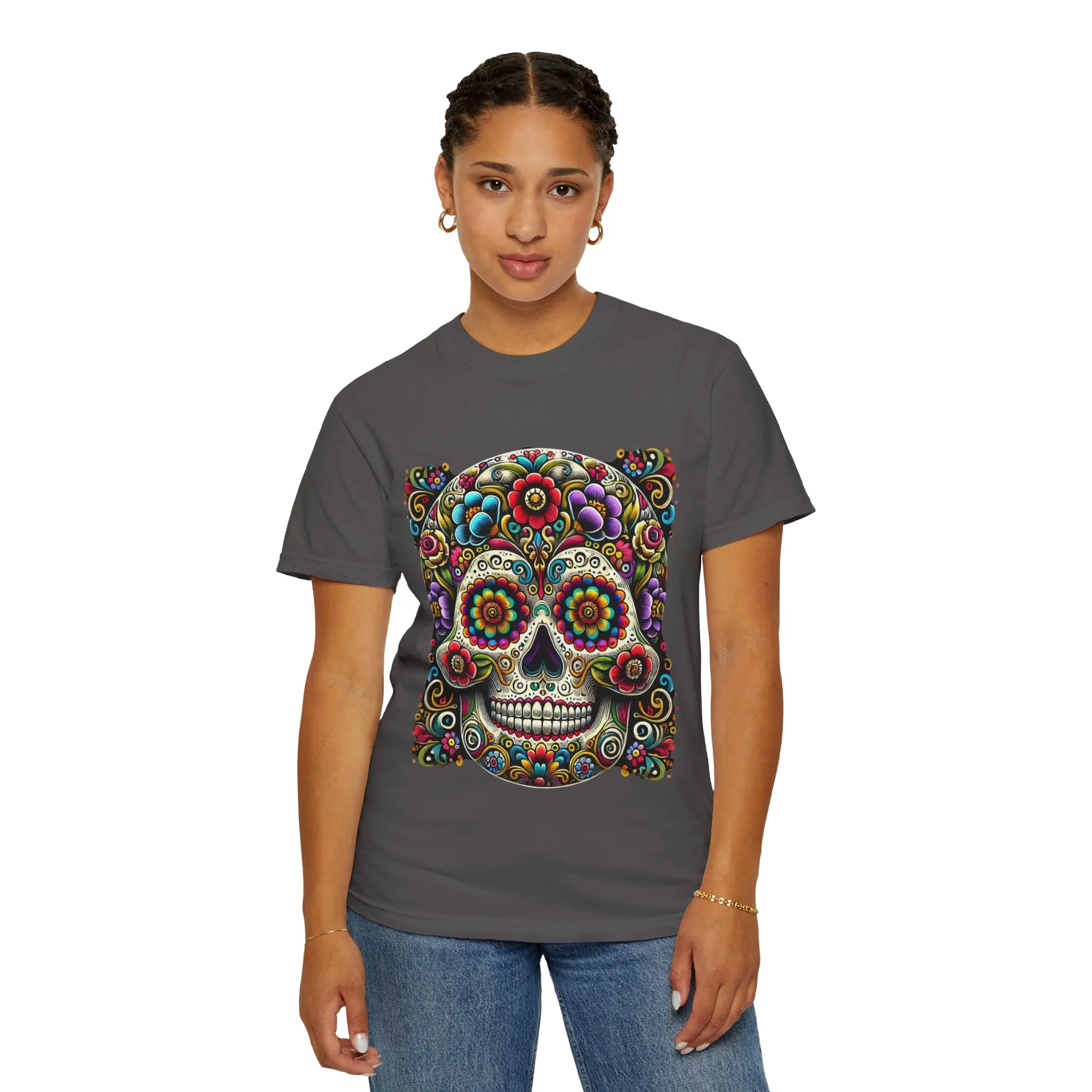 Colorful Floral Skull T-Shirt | Day of the Dead Style | Unisex Garment-Dyed Tee - Image 20