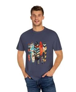 Colorful feather t-shirt with bohemian feather print, artistic tribal feather design tee, unisex boho chic feather graphic t-shirt on white fabric.