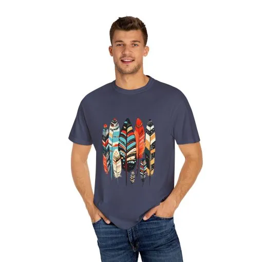 Colorful feather t-shirt with bohemian feather print, artistic tribal feather design tee, unisex boho chic feather graphic t-shirt on white fabric.