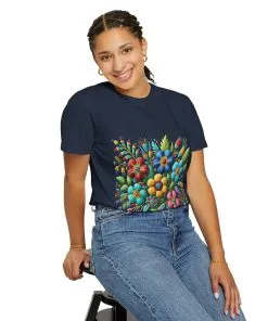 Colorful floral t-shirt with artistic flower print, vibrant unisex garment-dyed tee, bohemian botanical design t-shirt, handmade style floral print tee on light blue fabric.