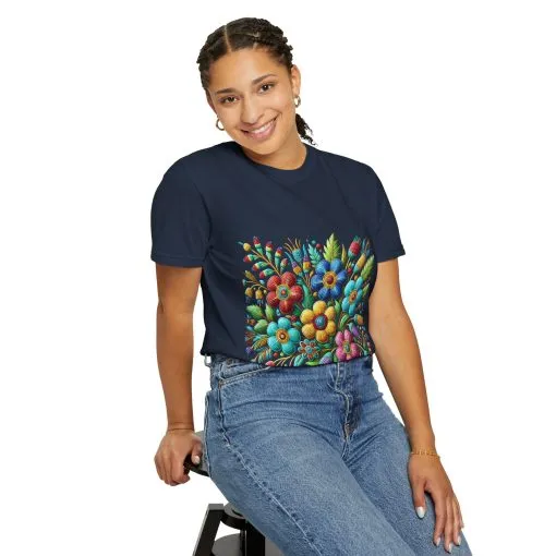 Colorful floral t-shirt with artistic flower print, vibrant unisex garment-dyed tee, bohemian botanical design t-shirt, handmade style floral print tee on light blue fabric.