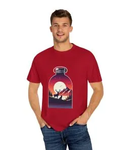Adventure mountain t-shirt with deer and nature print, eco-friendly outdoor t-shirt, scenic wildlife graphic tee, unisex nature lover’s t-shirt.