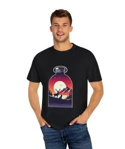 Adventure mountain t-shirt with deer and nature print, eco-friendly outdoor t-shirt, scenic wildlife graphic tee, unisex nature lover’s t-shirt.